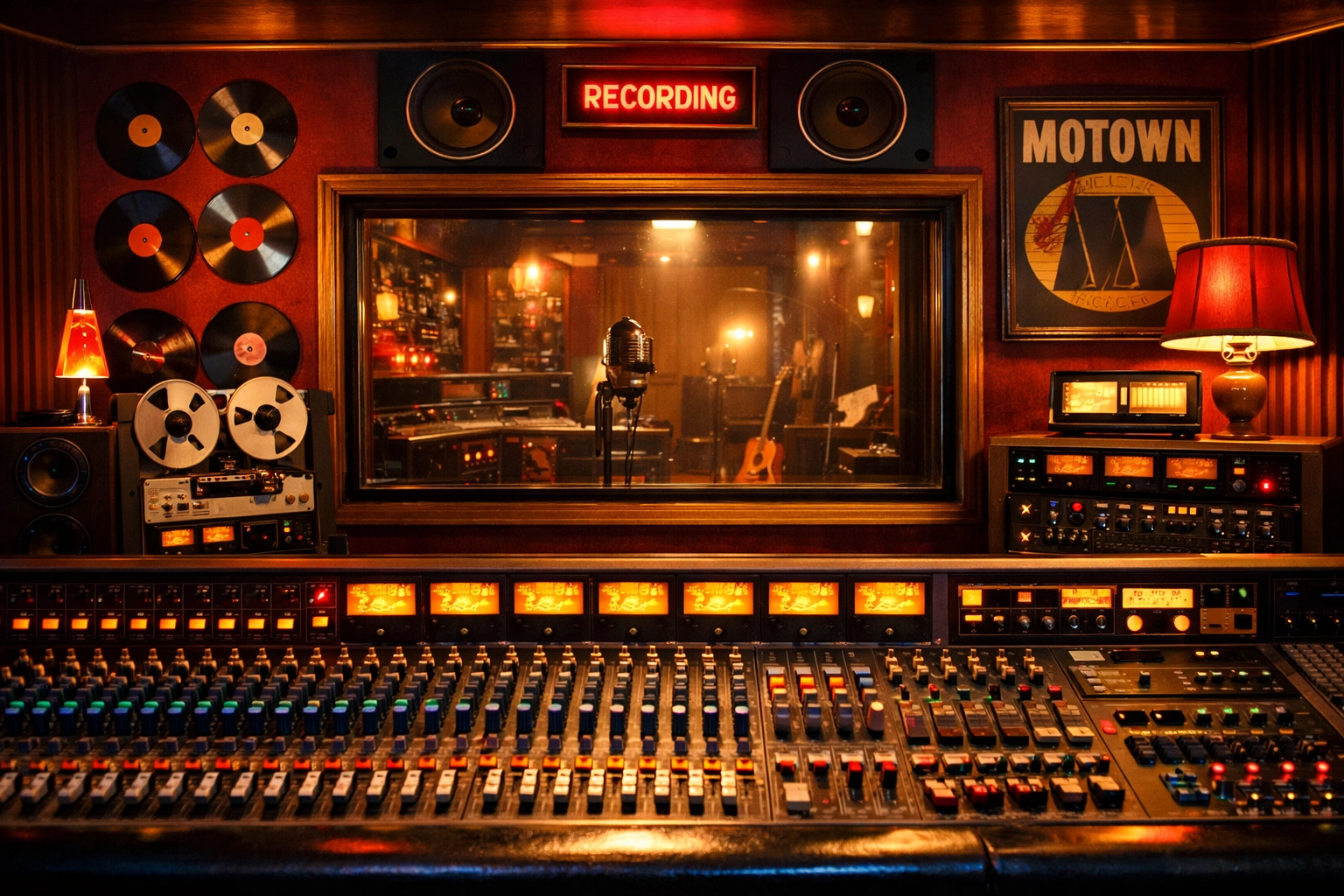 Modern recording studio with Motown-era elements celebrating Berry Gordy's Black business ownership