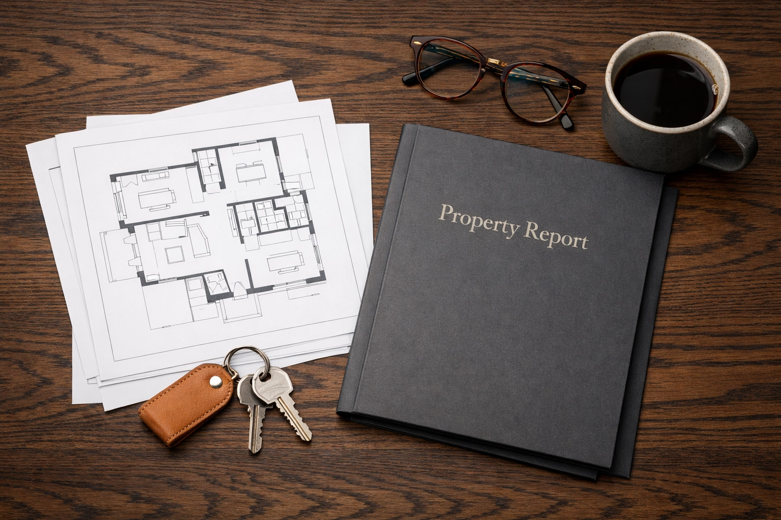Architectural floor plans and property keys on a desk, illustrating the UK estate agency process.