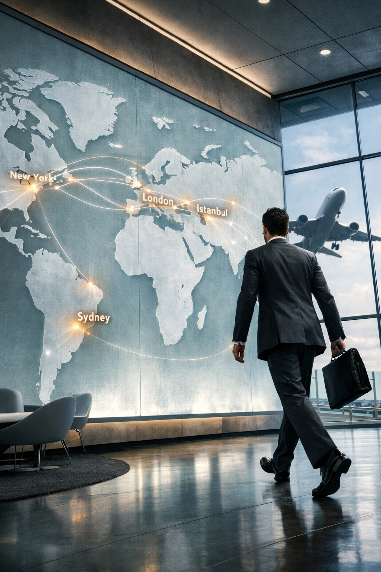 Business traveler in an airport lounge tracking global time zone synchronization with Eastern Standard Time.