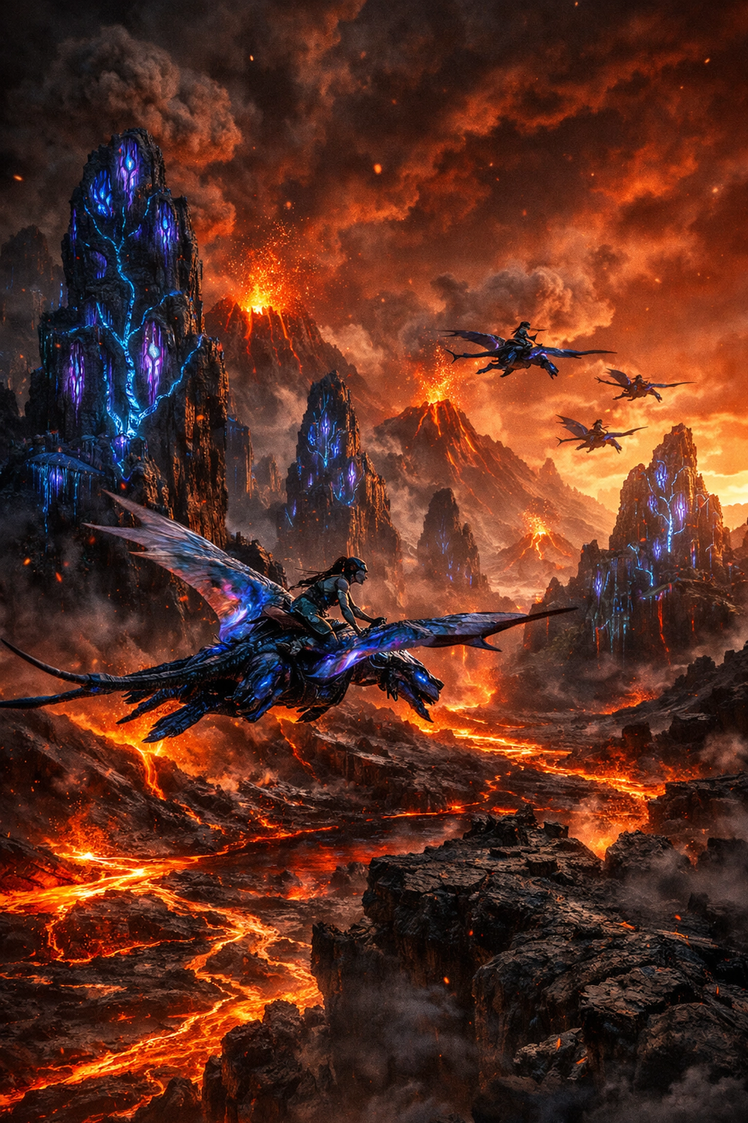 Avatar Fire and Ash volcanic landscape of Pandora with Na'vi warriors and glowing lava