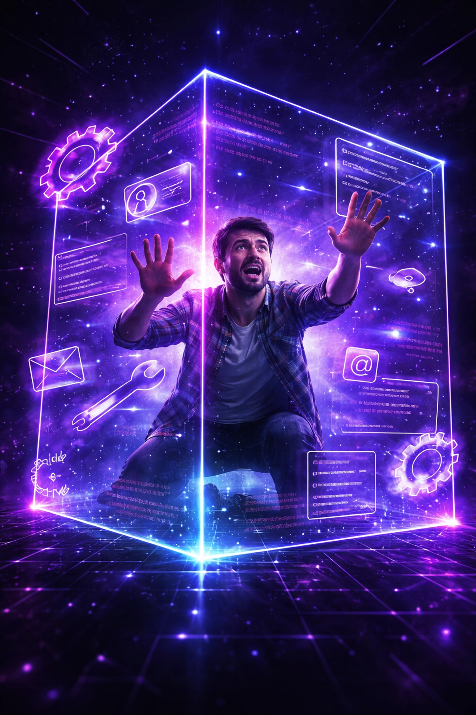 A business owner appears trapped inside a digital cube surrounded by floating gears and code, symbolizing the frustration of DIY website maintenance and the need for stress free web design solutions.