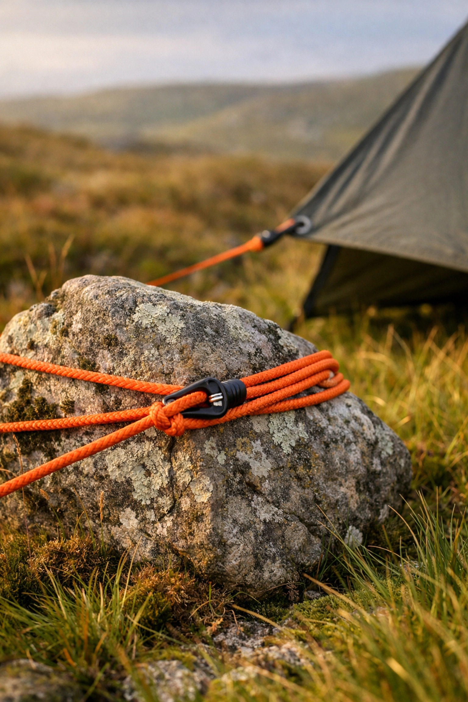 Orange guy line anchored to a rock for a secure tarp setup on a wild camping guided uk trip.
