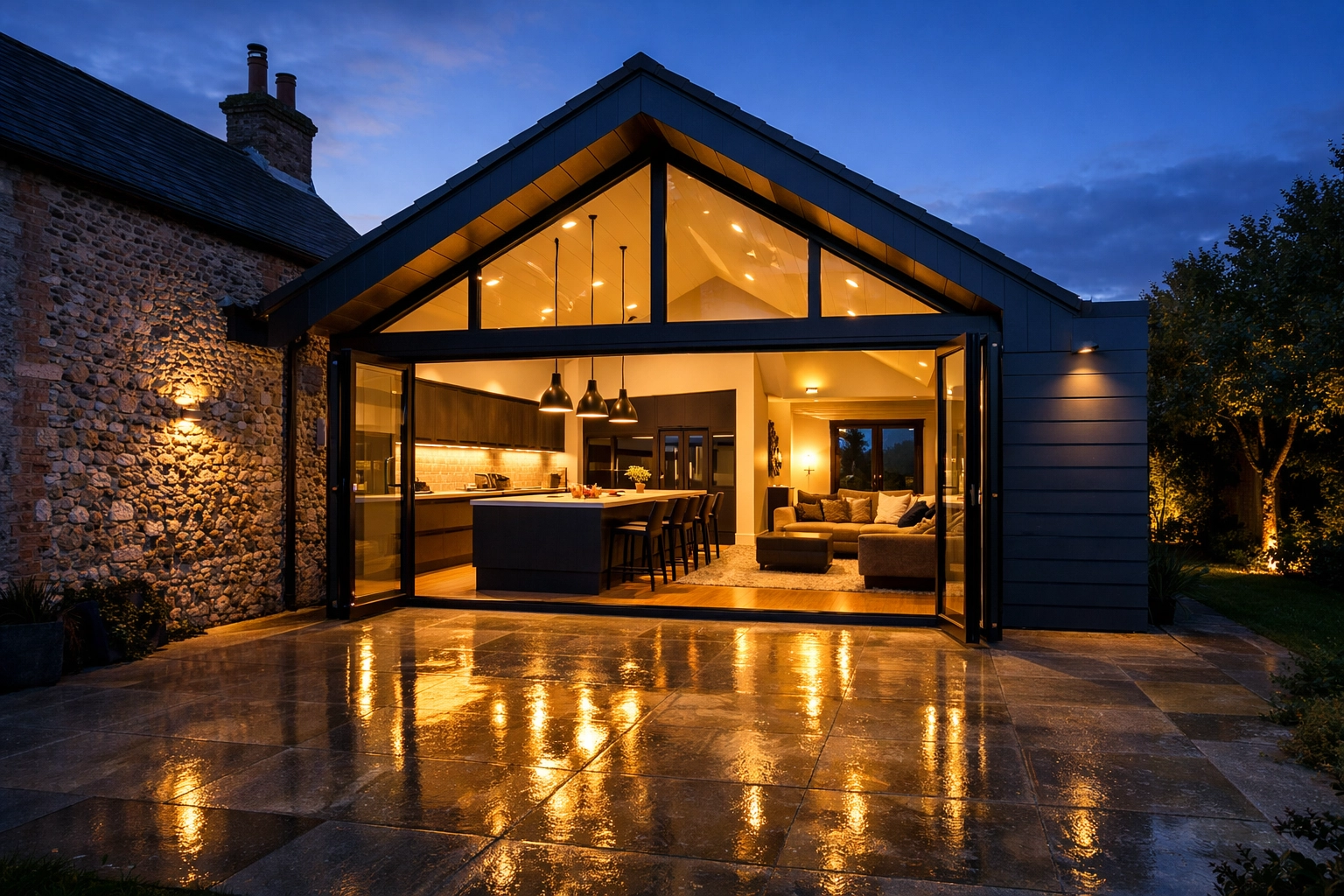 A luxury modern kitchen extension in Bognor Regis with bi-fold doors and contemporary cladding.