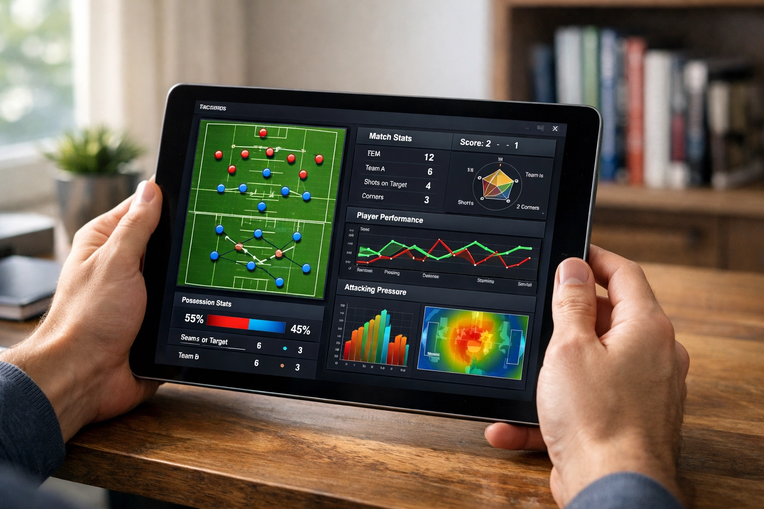 Tablet zeigt Fußball-Analytics-Software mit taktischen Formationen und Performance-Metriken