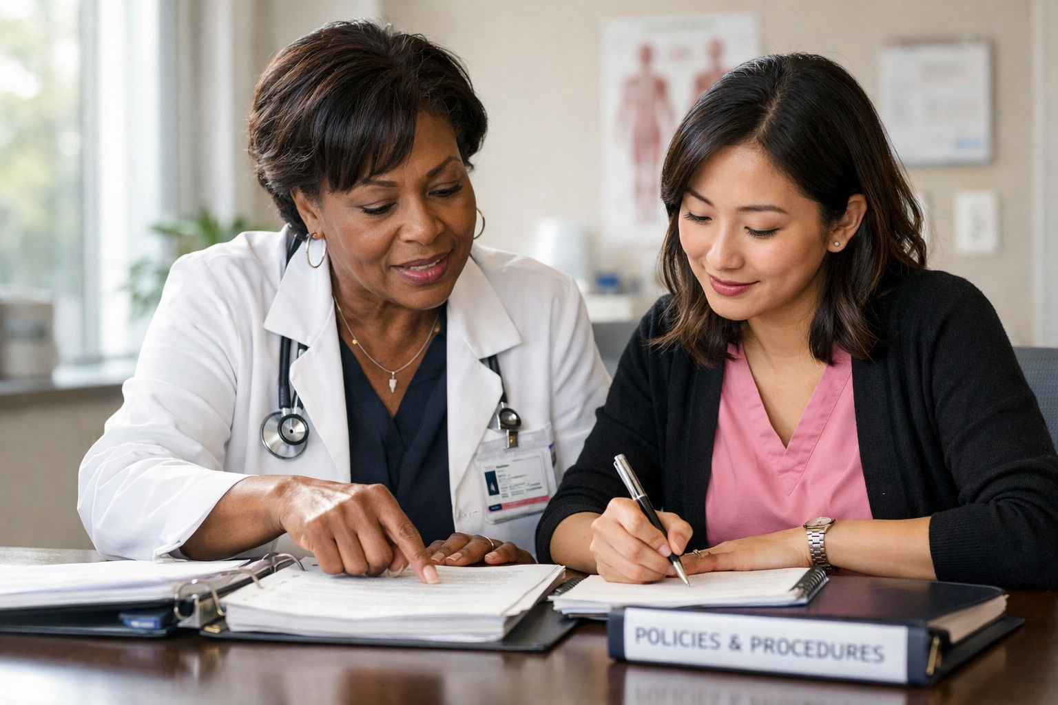 Experienced DON mentoring new director of nursing through leadership training session