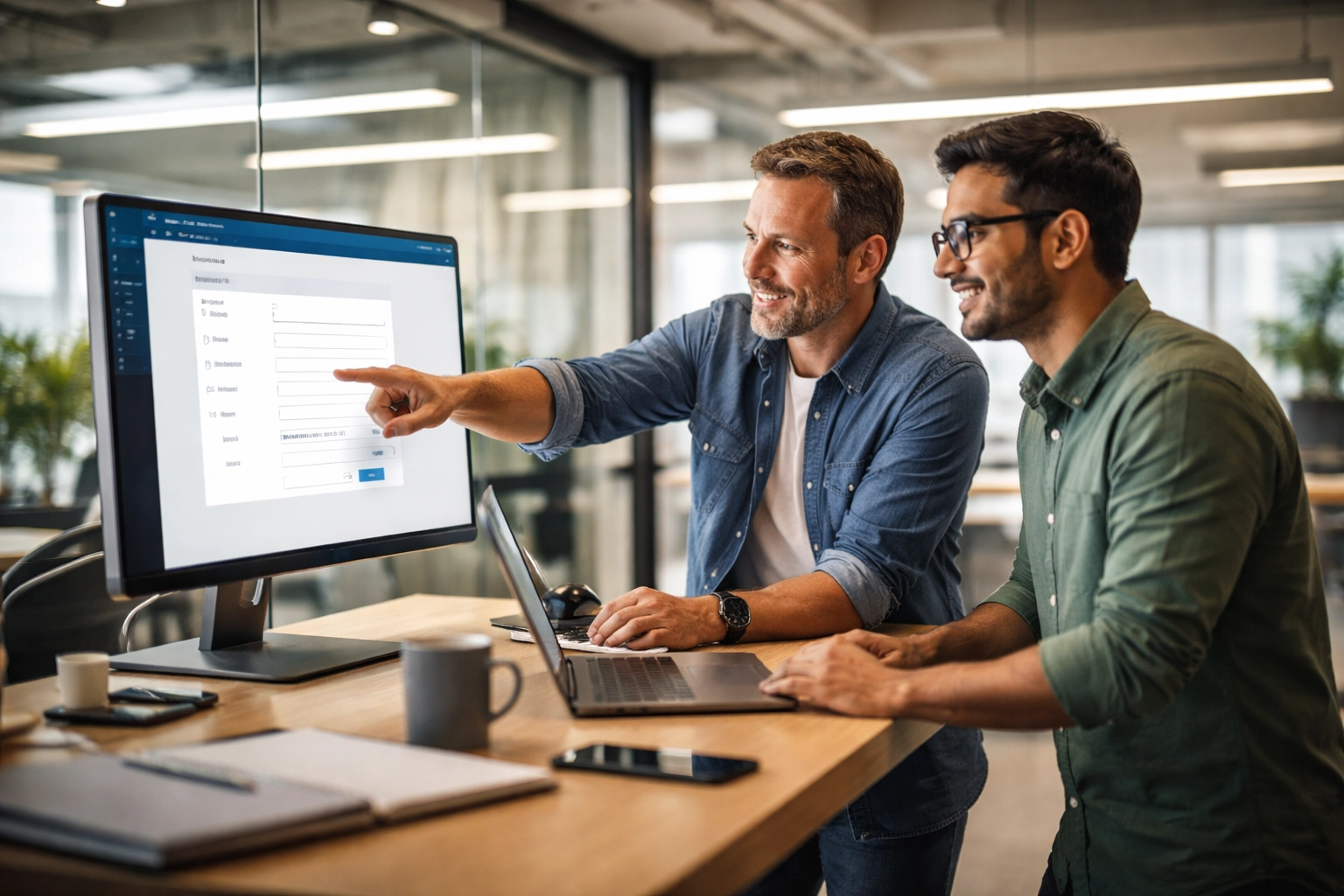 Collaborative IT professionals configuring ServiceNow portal deactivation features in a modern office