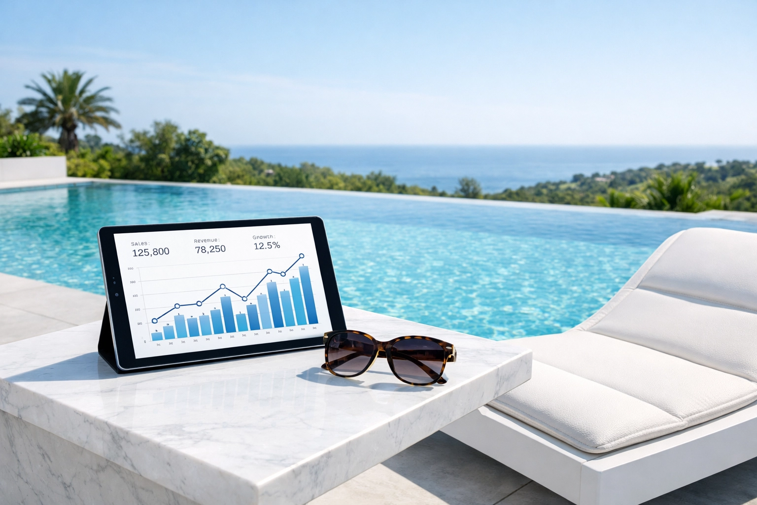 A tablet displaying pool route business data next to a luxury swimming pool.