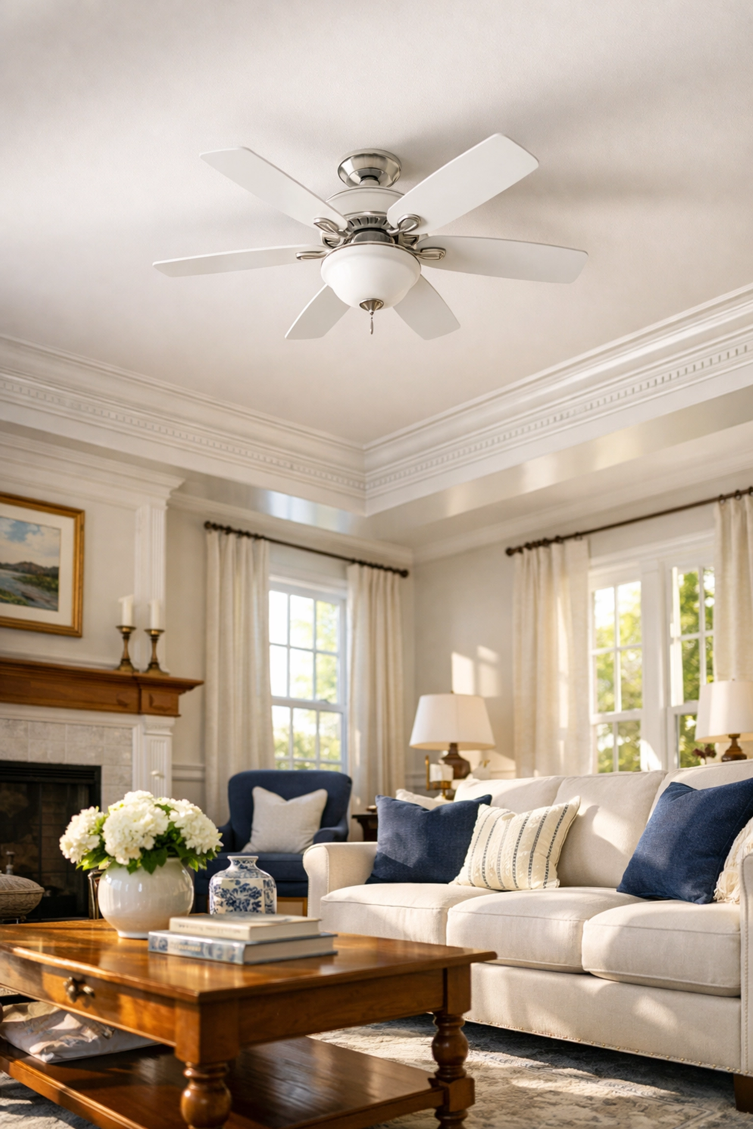 Pristine Massachusetts living room with a clean ceiling fan highlighting expert deep cleaning services.