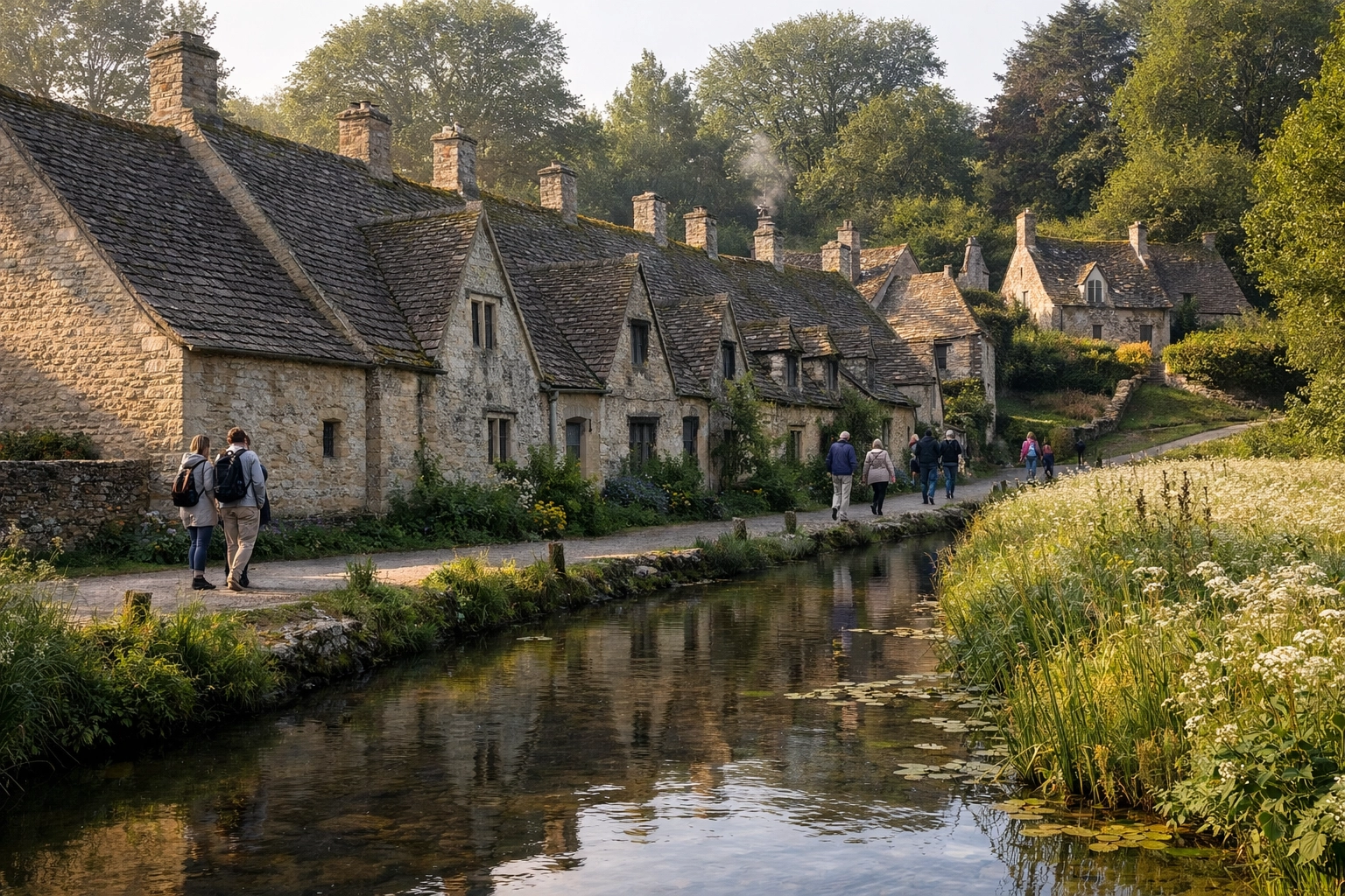 Iconic honey-colored cottages of Arlington Row in Bibury on scenic tours to Stratford upon Avon.