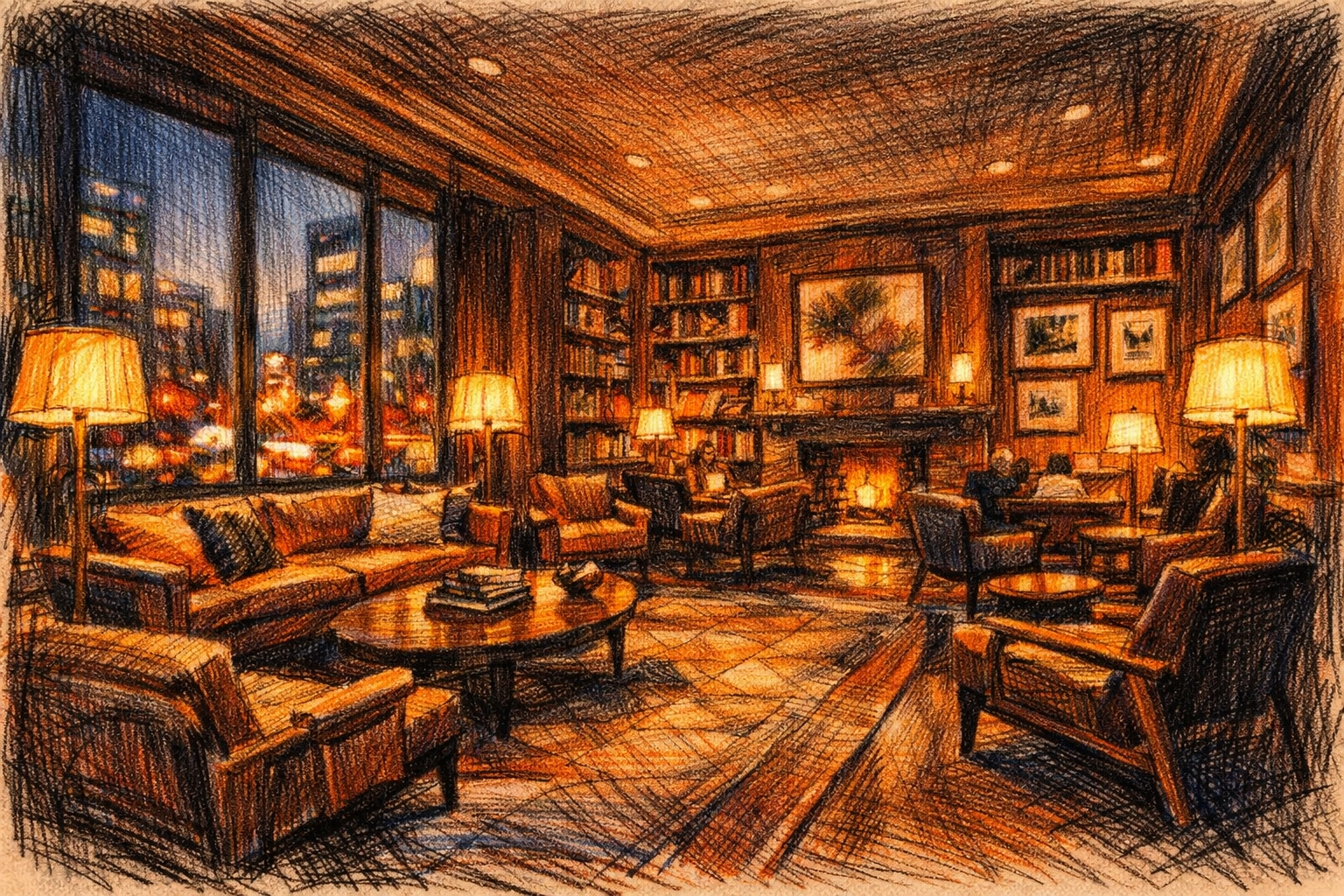 Sophisticated lifestyle hotel lobby design with warm lighting and curated library-style decor.