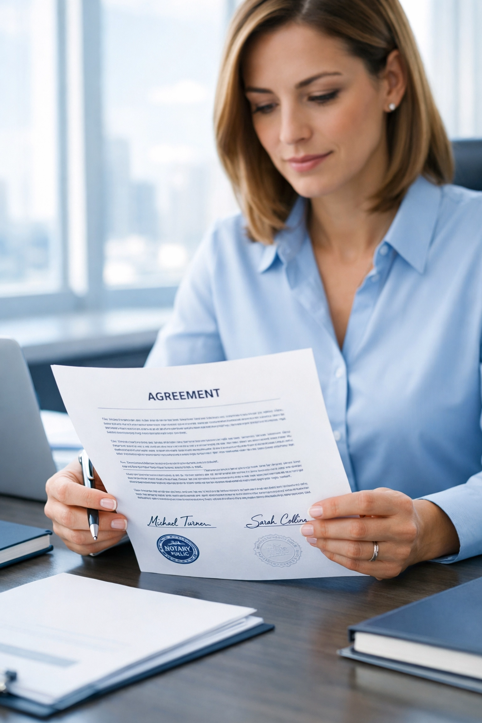 Professional reviewing title commitment document at office desk during real estate transaction