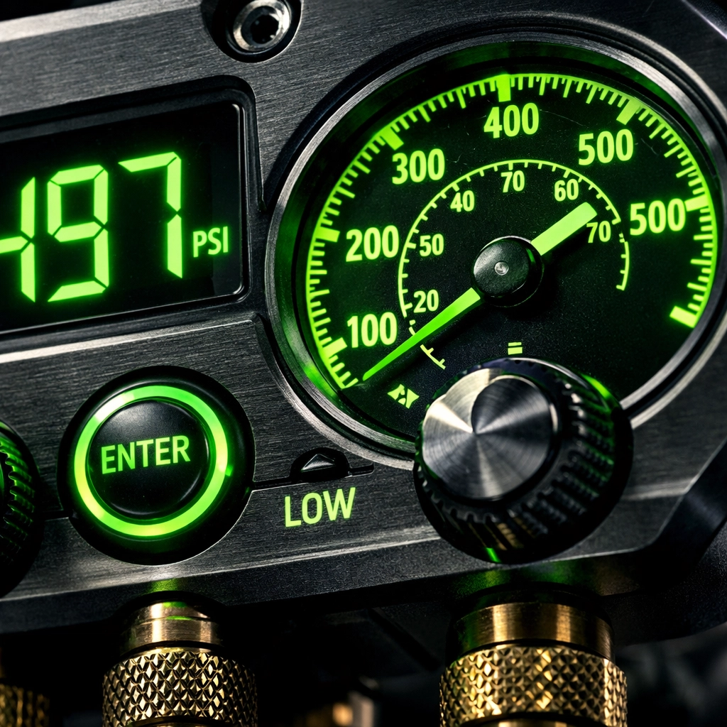 Close-up of professional HVAC digital gauges for expert cooling and heating repairs.