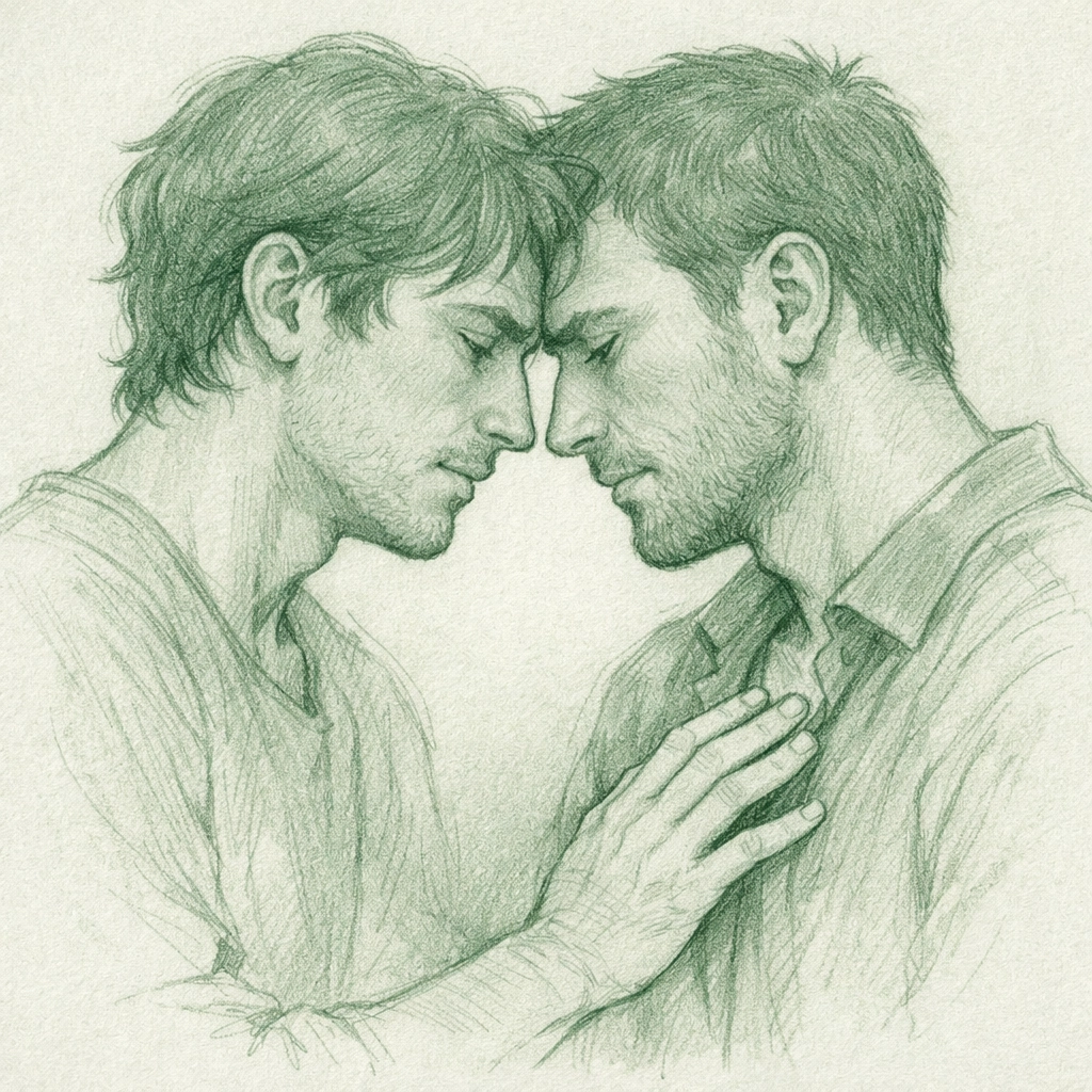 Two men in vulnerable intimate moment showing emotional connection in MM romance relationship