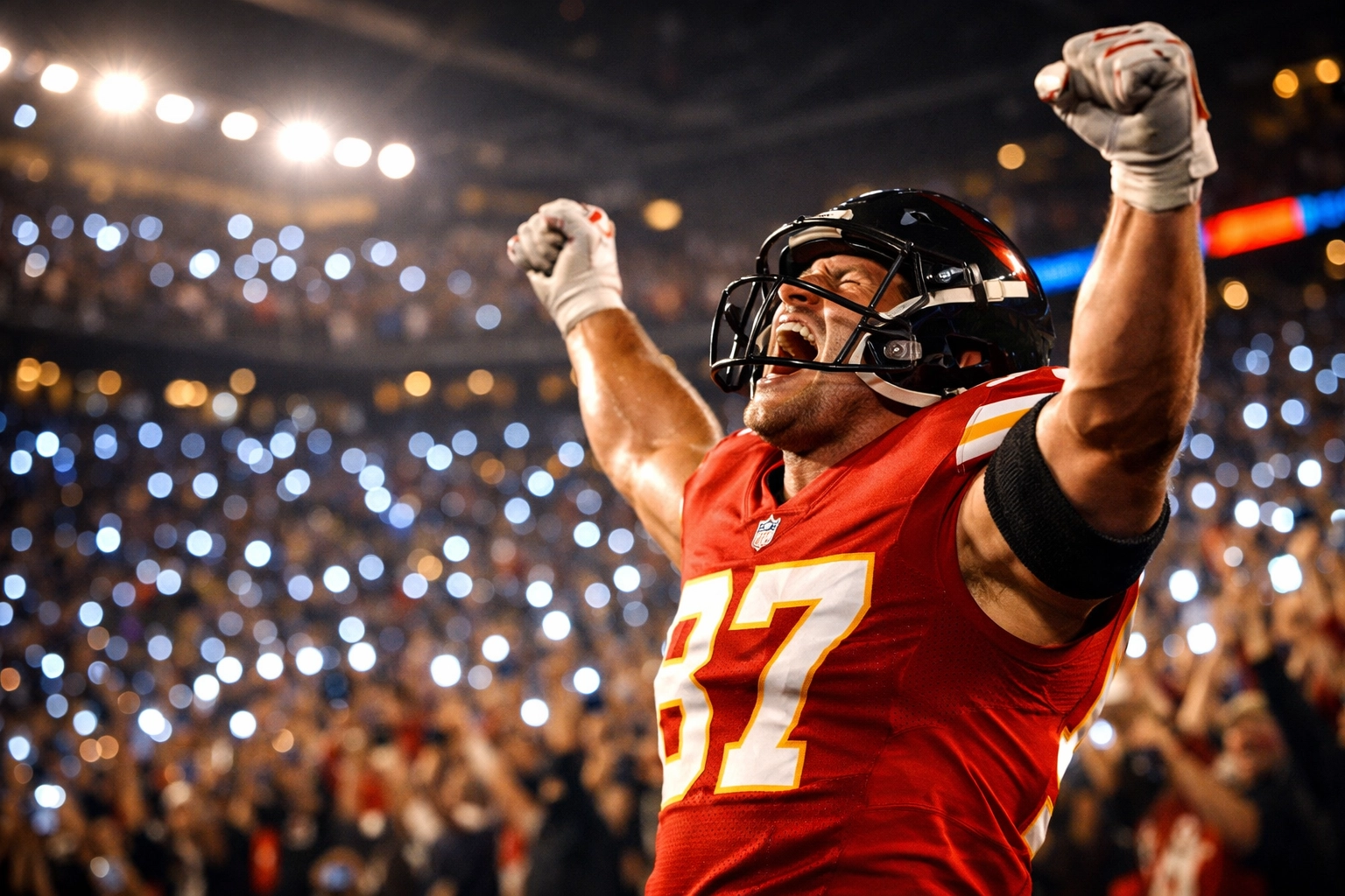 Professional athlete celebrating game moment while fans capture content on mobile devices in stadium