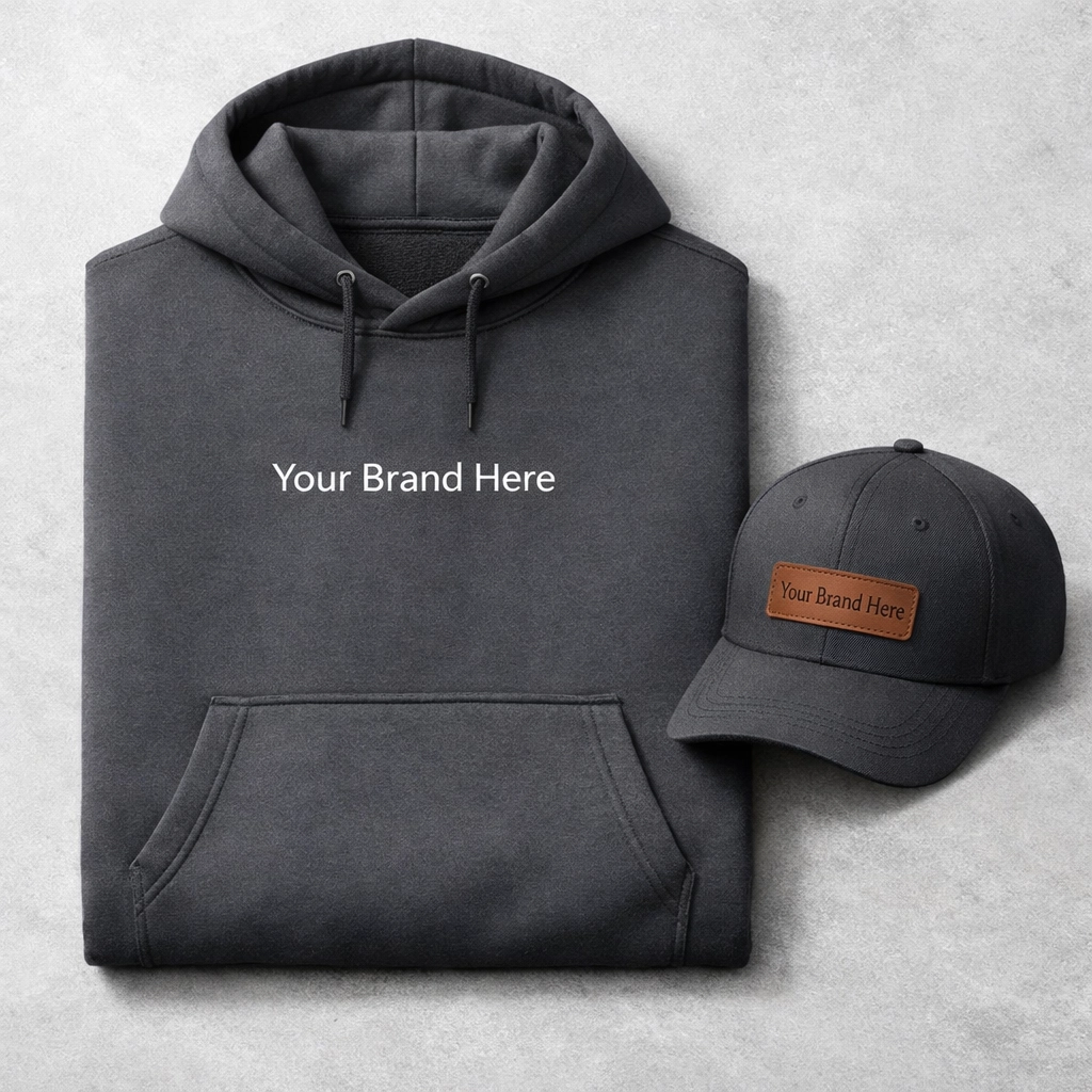 Branded custom hoodie and baseball cap with professional embroidery for small business team uniforms.