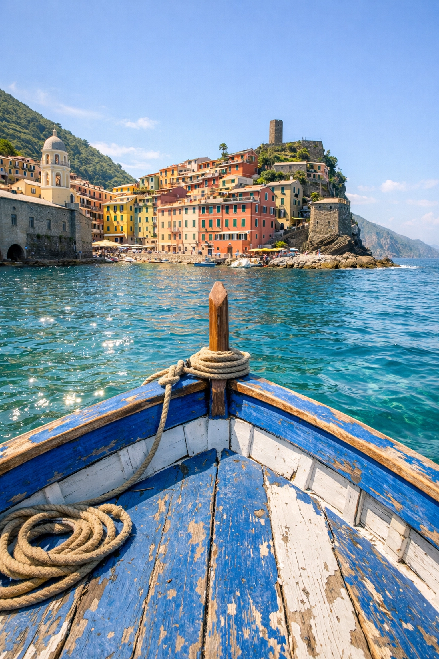 View of colorful houses in Vernazza, Cinque Terre from a traditional wooden boat on the turquoise Ligurian Sea.