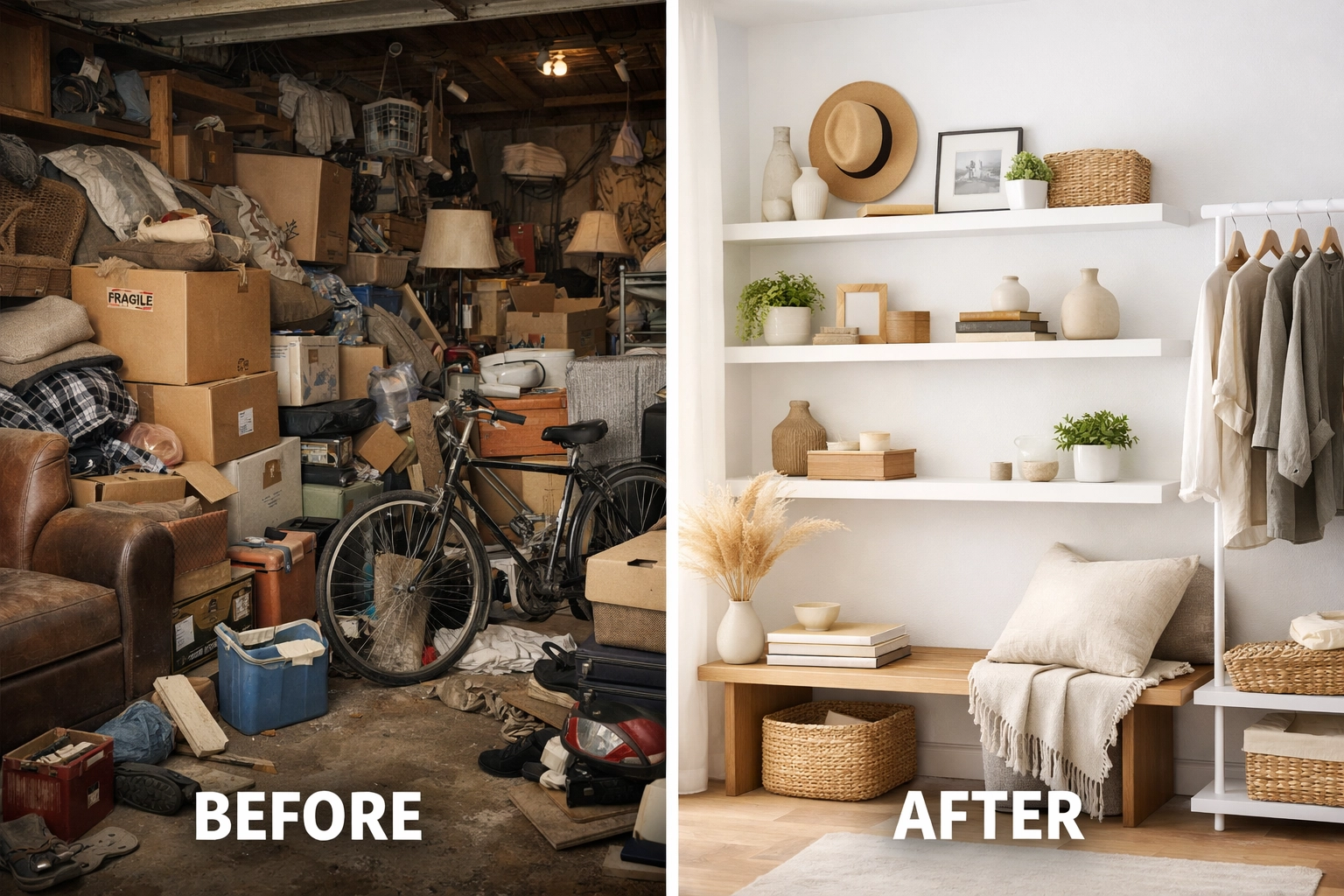 Before and after downsizing comparison showing organized minimalist living space Before and after downsizing comparison showing organized minimalist living space