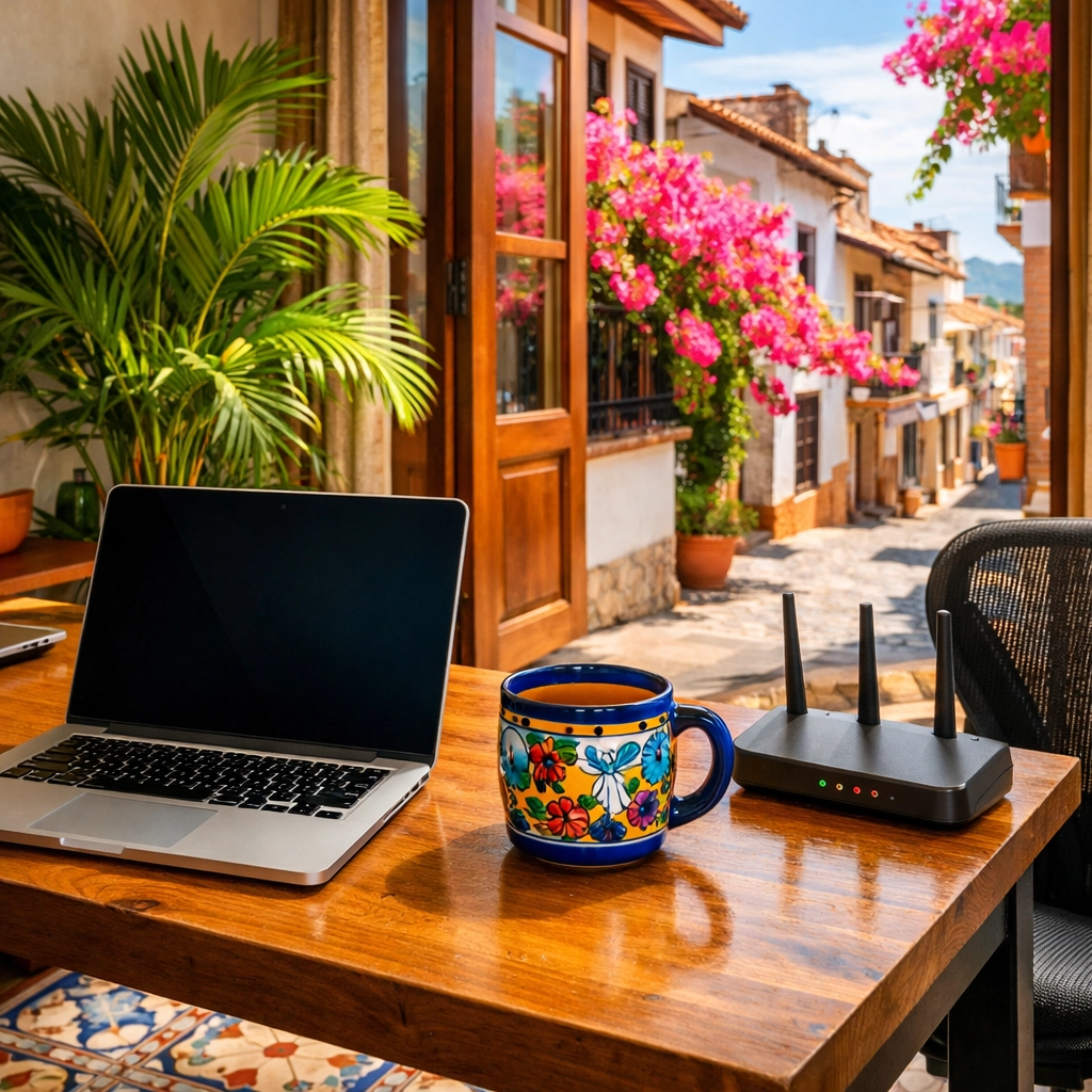 Bright digital nomad workspace in a Puerto Vallarta apartment for rent with a laptop and view of Old Town.