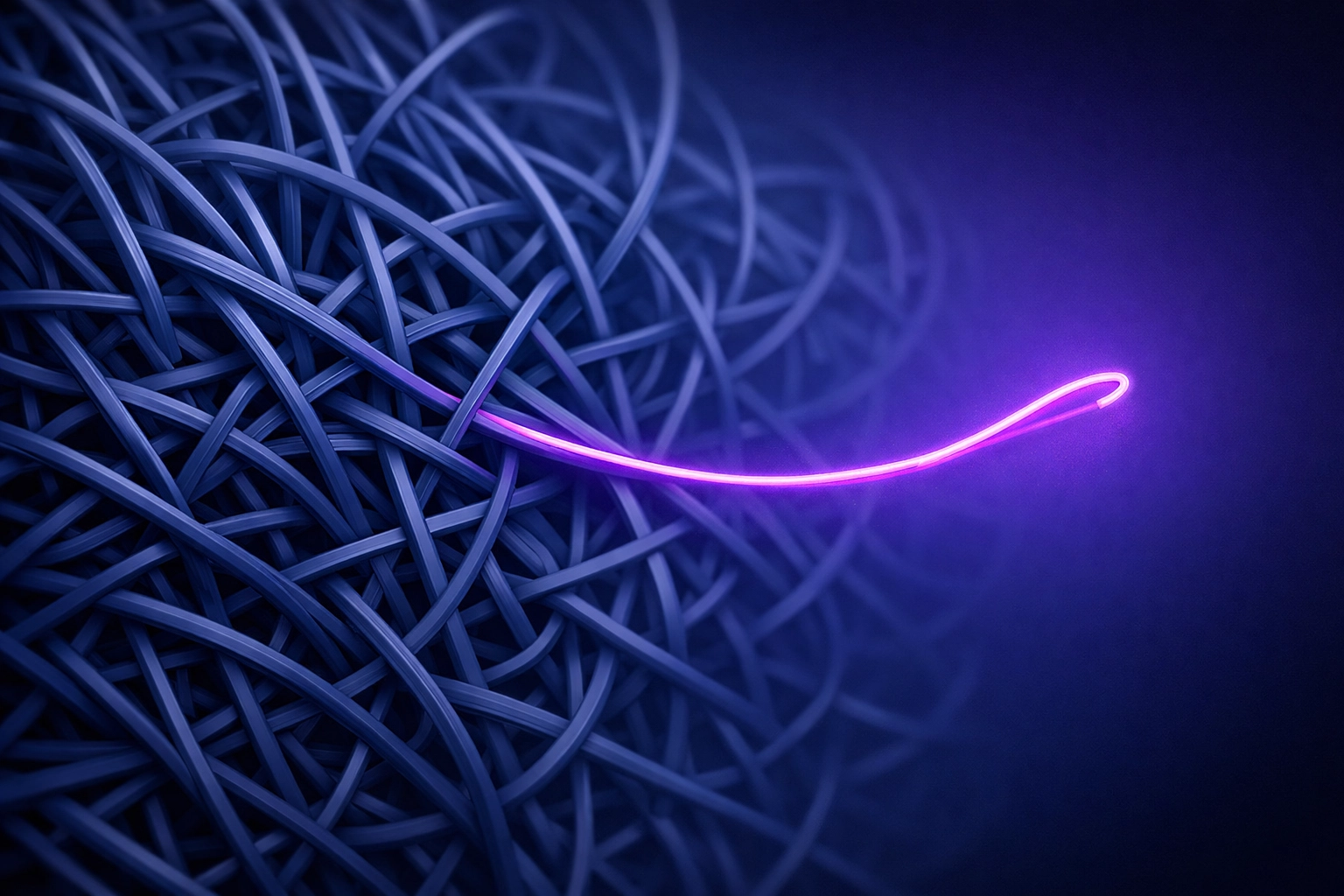 Abstract woven threads highlighting a single glowing line to represent isolating one burden from an invisible load.