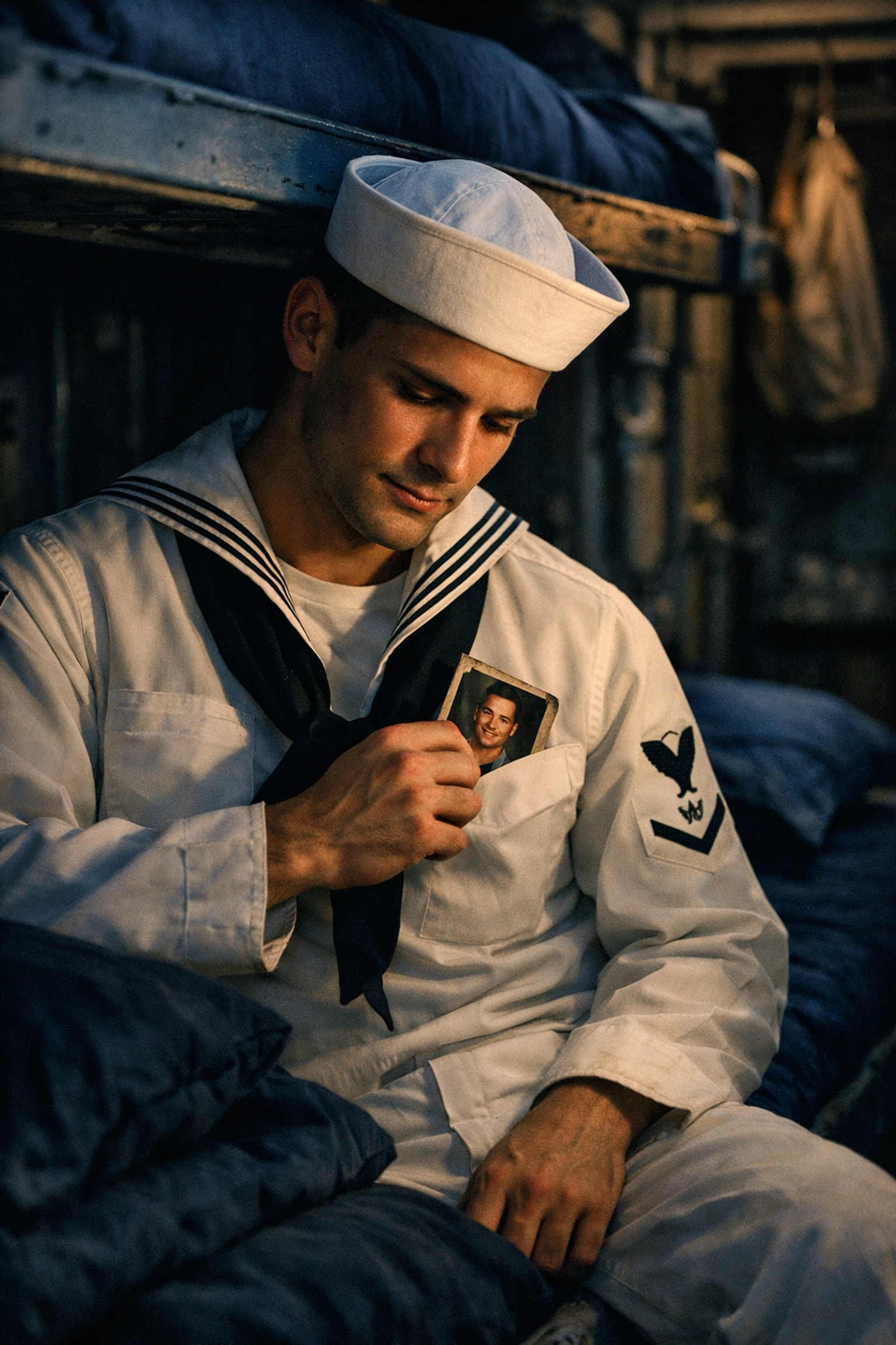 A gay sailor in a Navy bunk looking secretly at a photo of his partner during the Don't Ask Don't Tell era.
