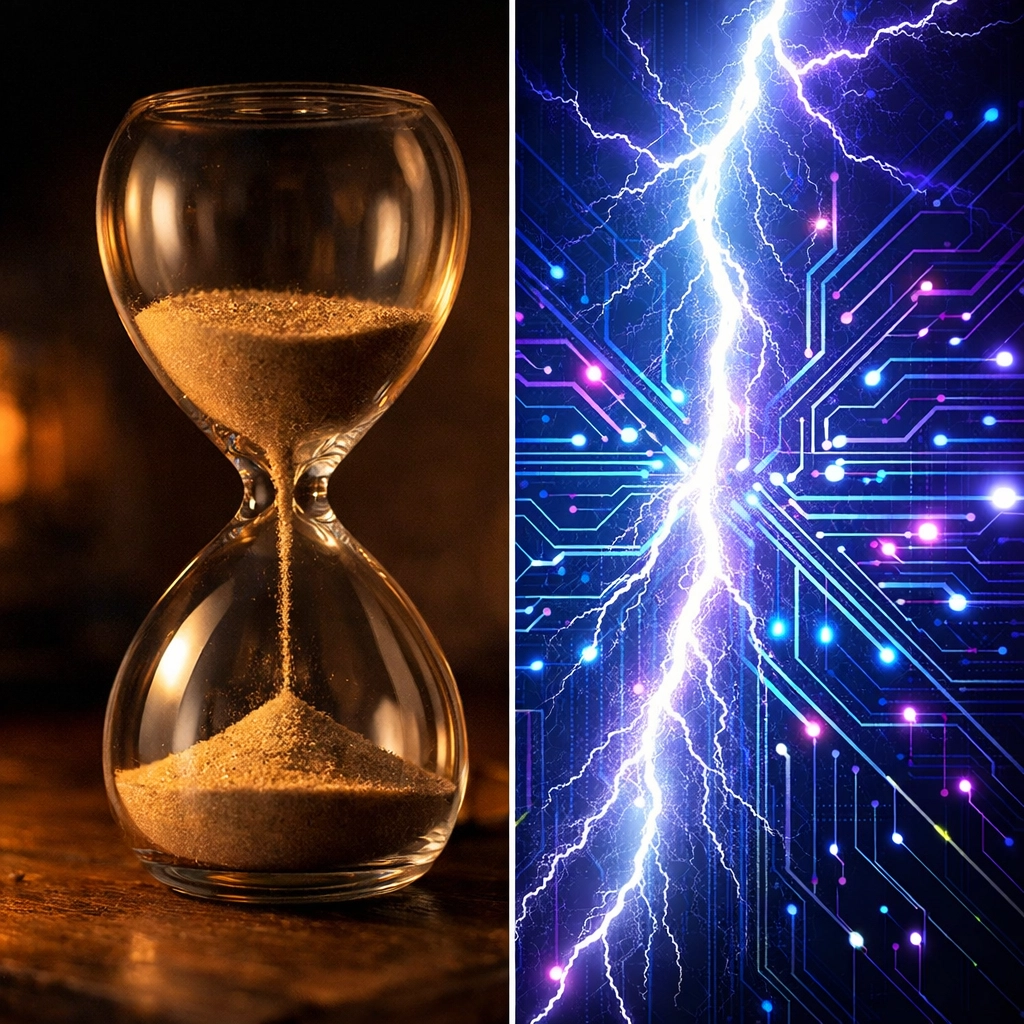 Traditional slow payment settlement versus instant Solana blockchain finality speed comparison