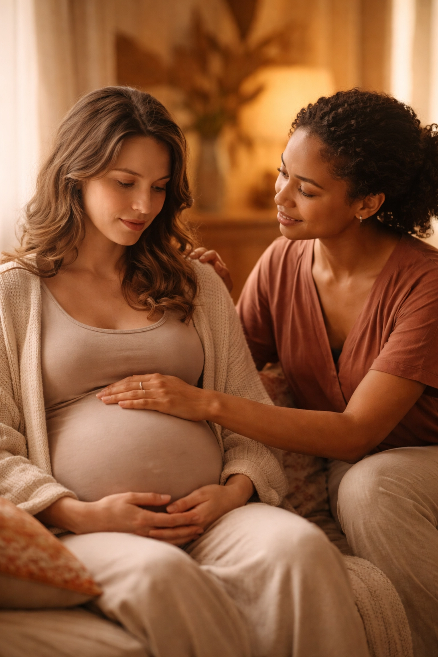 Pregnant individual being supported by a trans-affirming doula during a prenatal visit.