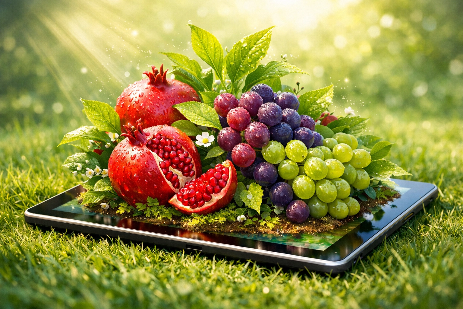A digital tablet on grass with a flourishing garden symbolizing the Fruit of the Spirit in our media use.
