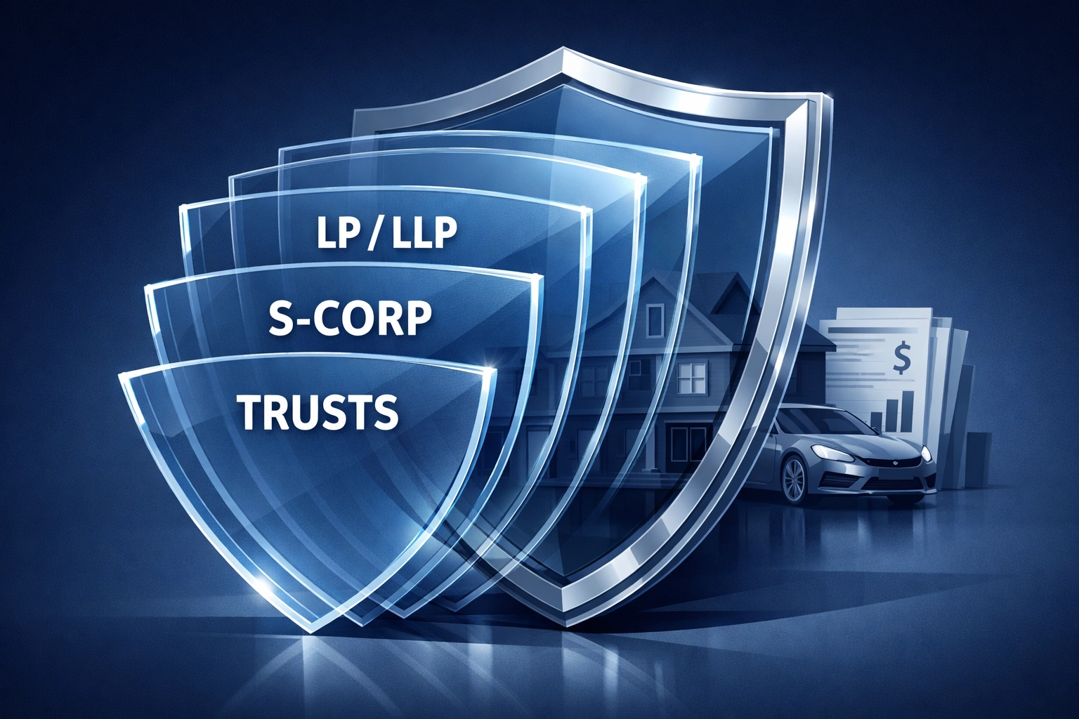 Asset protection strategy illustration with layered legal structures shielding wealth and property