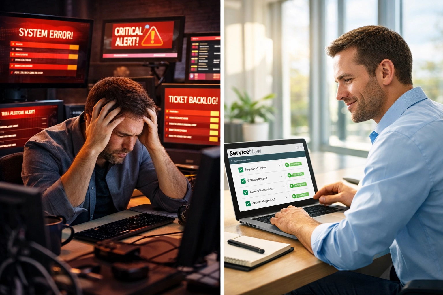 Comparison of chaotic ITSM ticket management versus organized ServiceNow service catalog