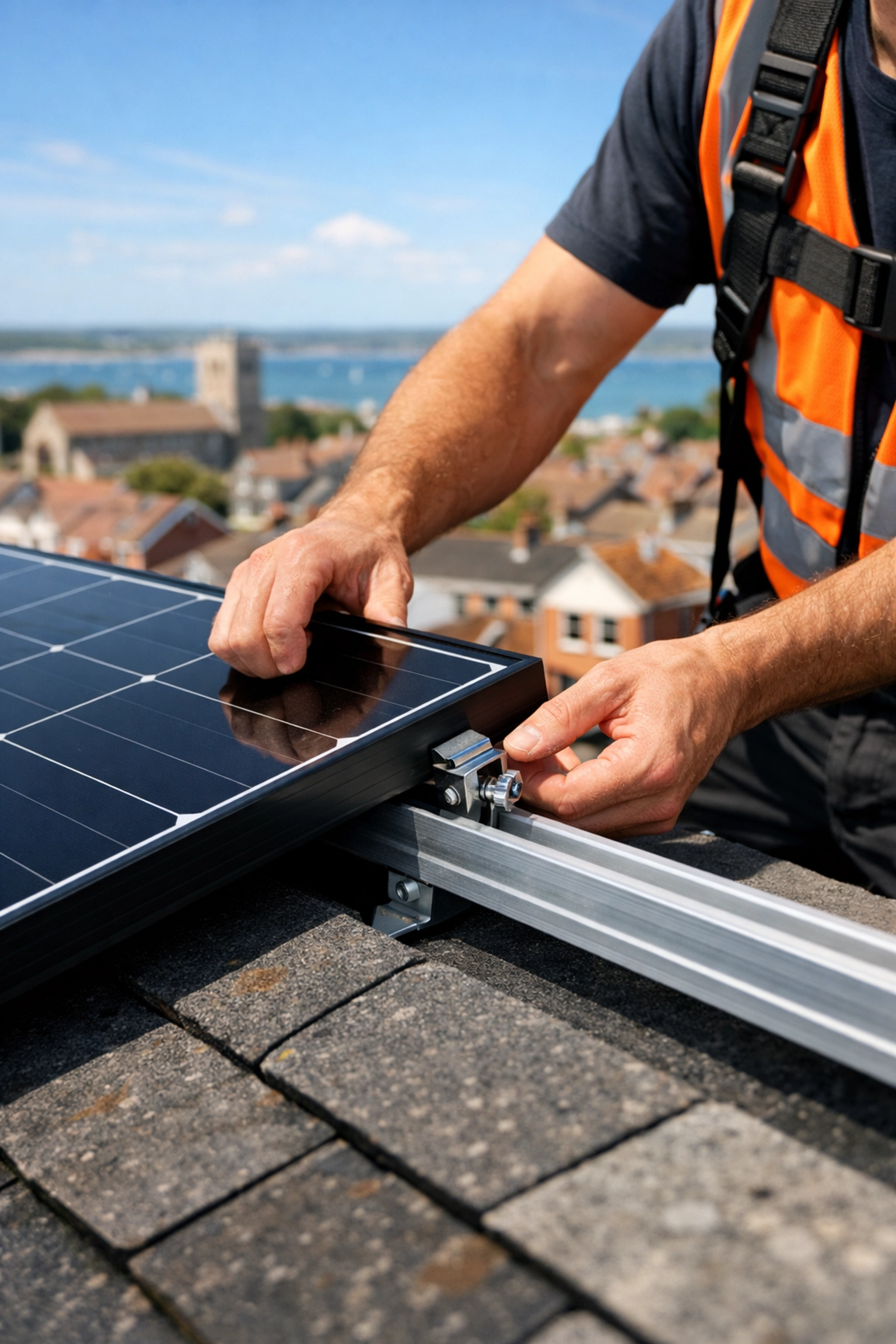 Expert solar panel installer fitting renewable energy components on a roof in Christchurch, Hampshire.