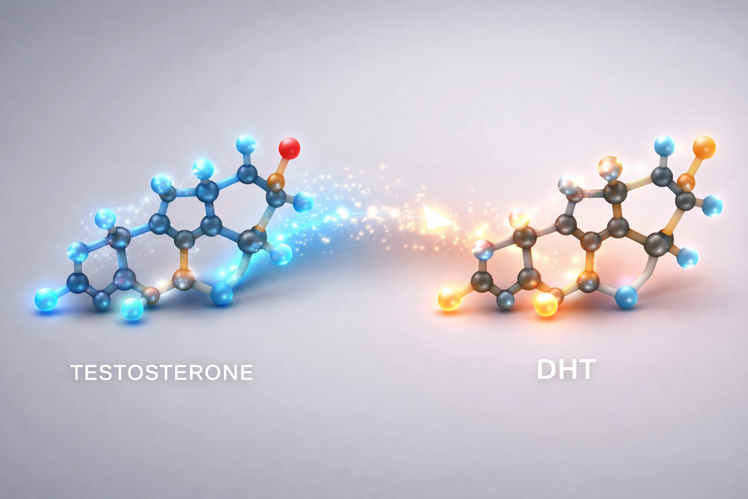 Illustration showing testosterone converting into DHT, linked to hair loss on the scalp and baldness.