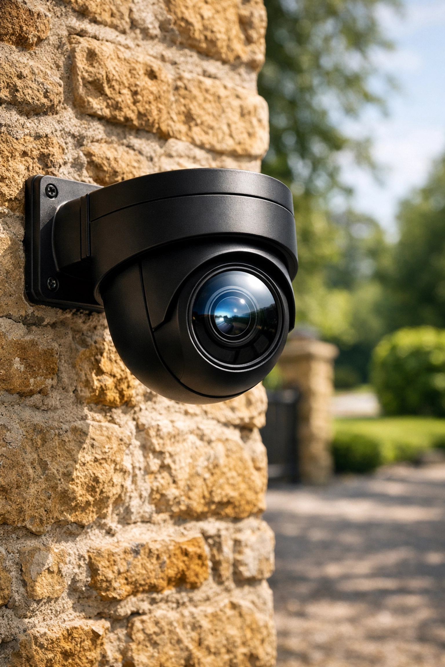 Professional CCTV camera installed on a traditional Cotswold stone wall in Oxfordshire.