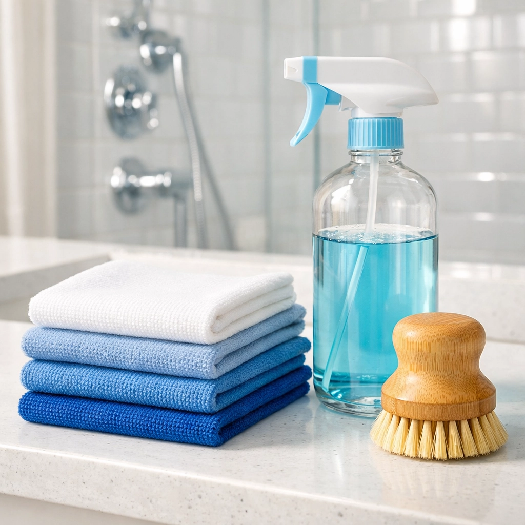 Eco-friendly cleaning supplies used by professional cleaners during a deep cleaning service.