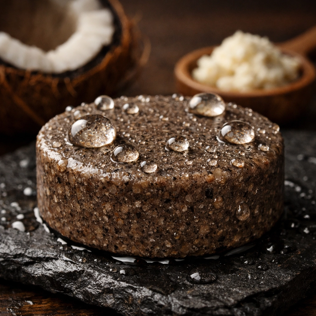 Solid beard wash bar with natural coconut and shea butter ingredients for hydrated facial hair.