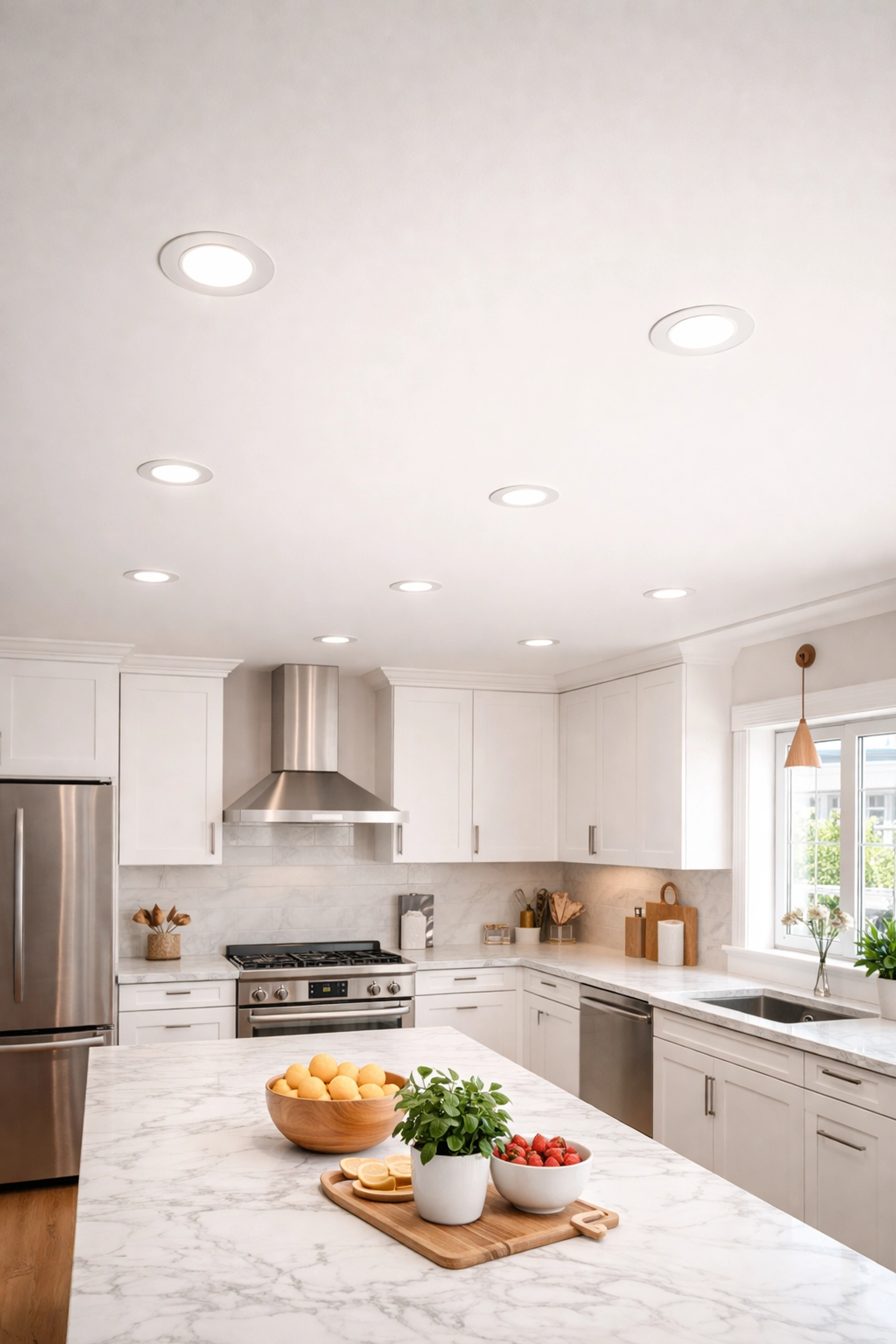 Recessed lighting installation in a bright Clarkston kitchen with modern fixtures and natural daylight.
