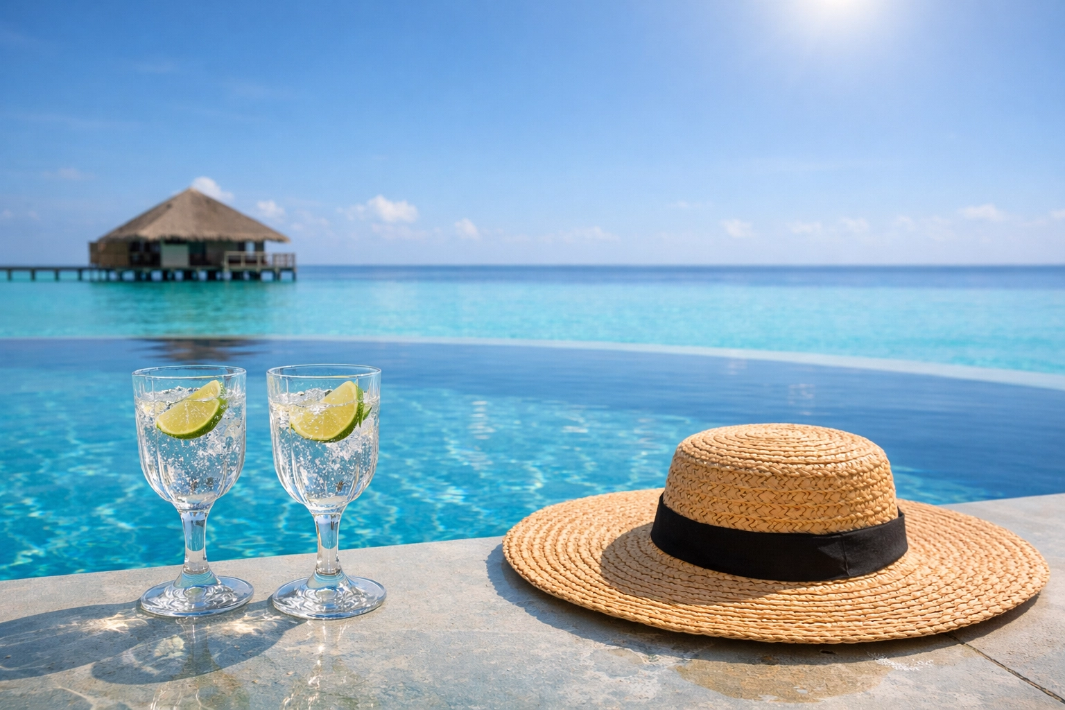 Luxury infinity pool at a tropical resort overlooking the Indian Ocean and overwater bungalows.