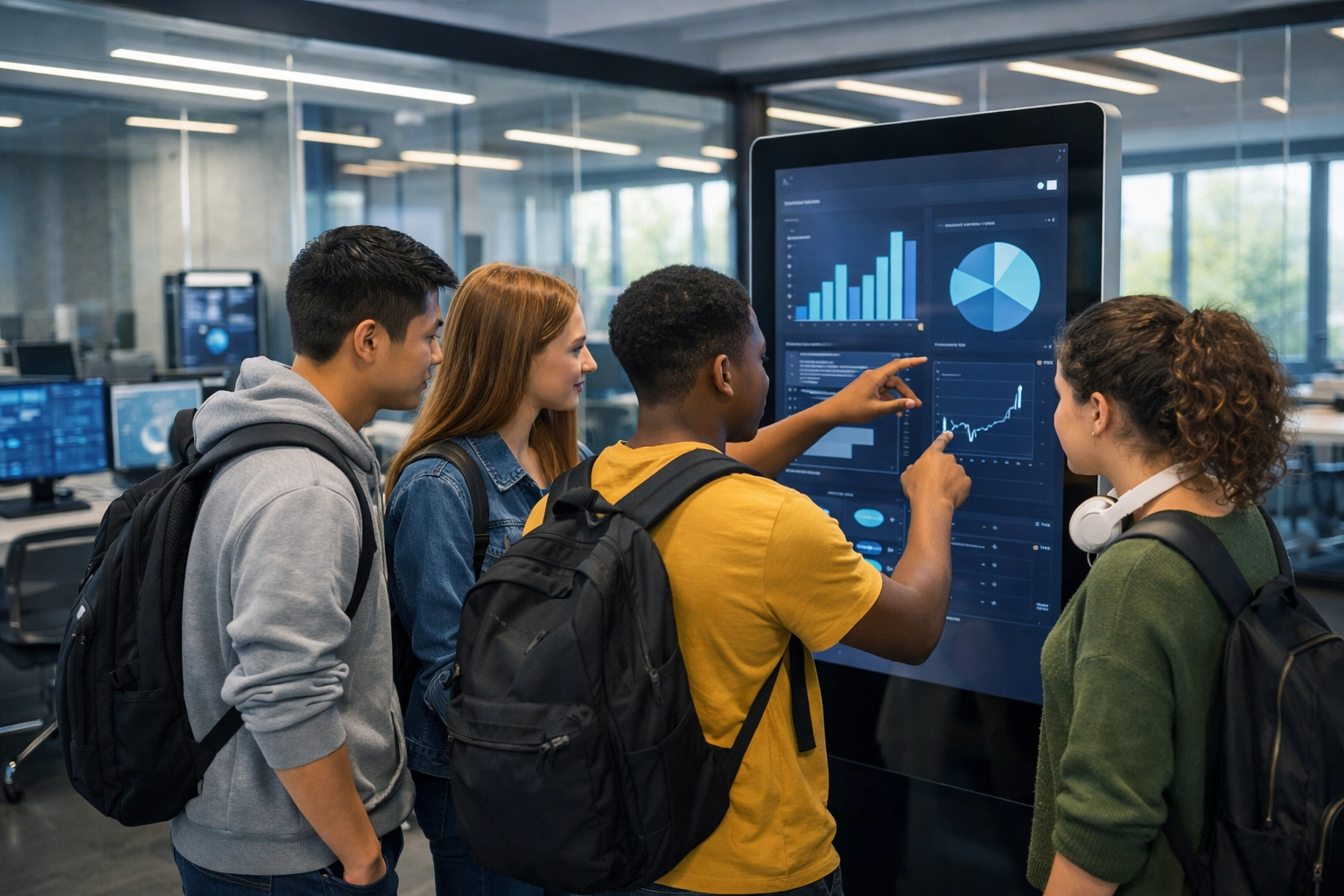 High school students using a digital touchscreen in a modern innovation hub for educational development.