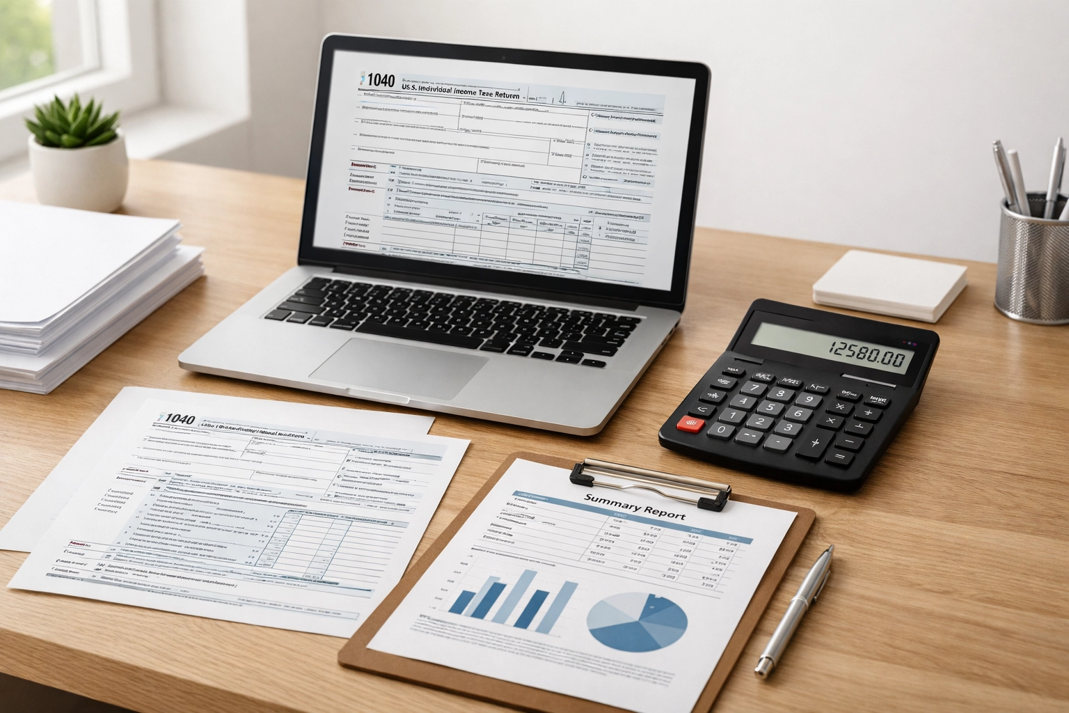 Tax professional workspace with laptop, calculator, and organized financial documents for e-filing