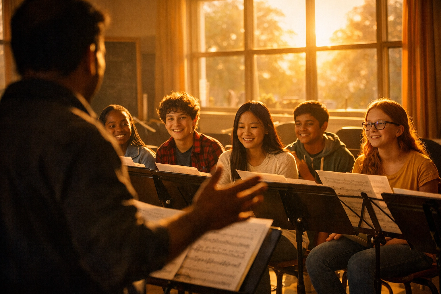 Music Teacher instructing students in Arizona classroom during jazz education session