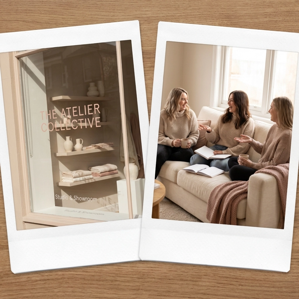 Split image showing a polished business storefront and a cozy group meeting, representing Facebook Pages and Groups