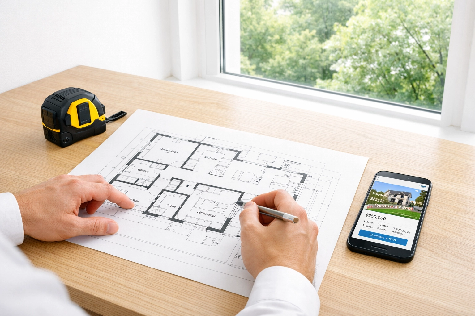 Real estate investor reviewing architectural blueprints to plan a successful Georgia fix and flip project.