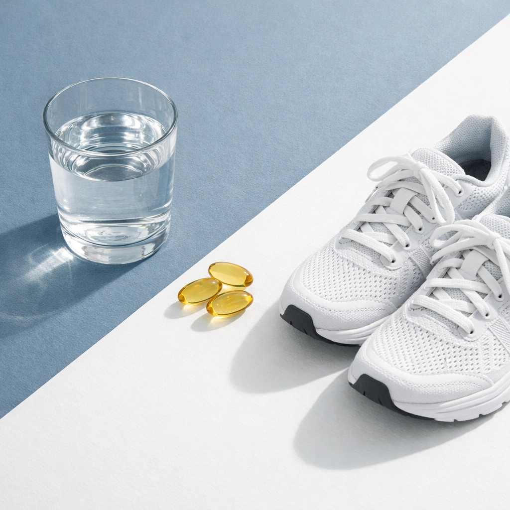 Supplements and running shoes on a clean surface, representing nutritional support for long-term endurance and health.