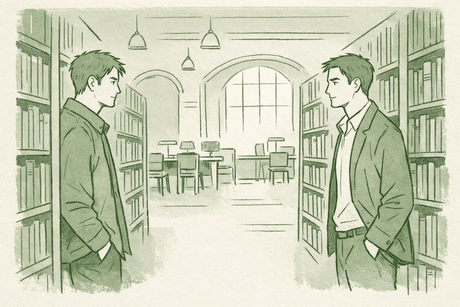 Two men sharing forbidden glance across library in Brunei where homosexuality is criminalized