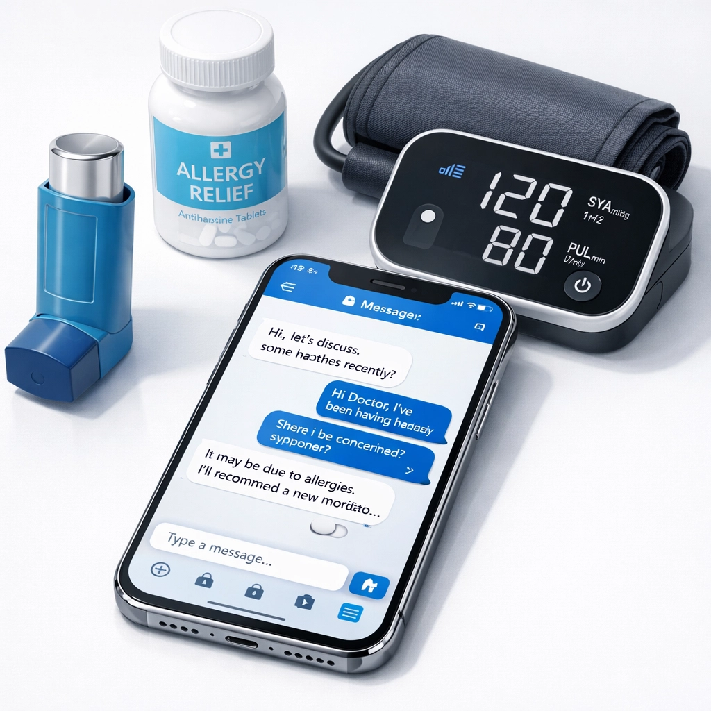 Smartphone displaying secure text chat with a doctor for online prescription refills of common medications.