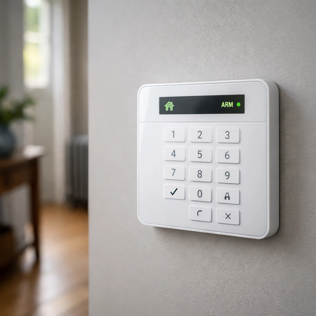 Modern white wireless alarm control panel mounted in a contemporary Evesham home hallway.