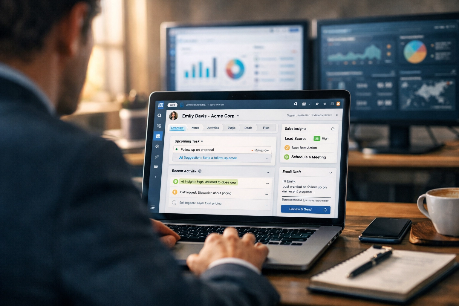 AI technology seamlessly integrated into CRM workflow on business laptop showing successful implementation