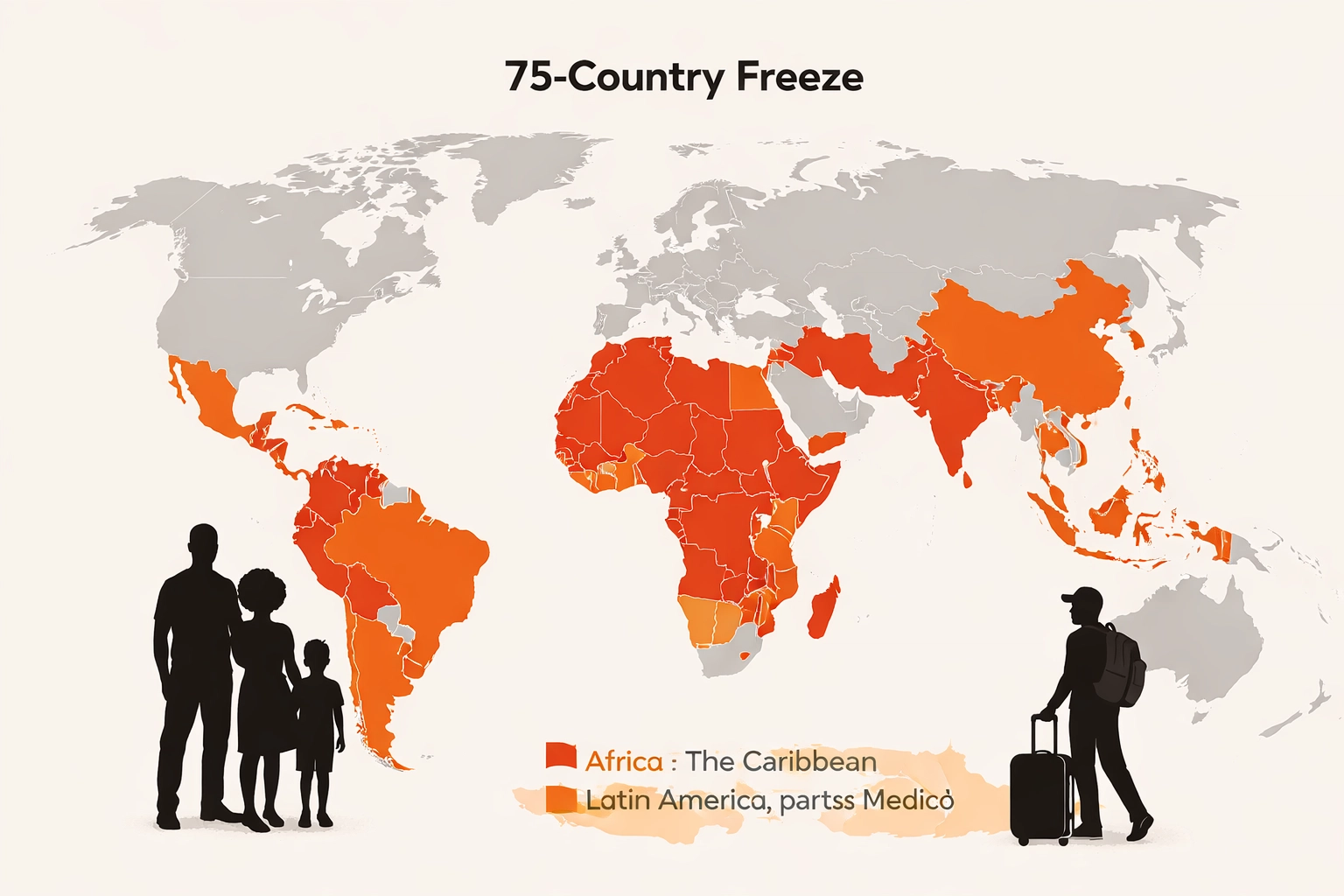 World map showing 75-country visa ban concentrated in Africa and Caribbean