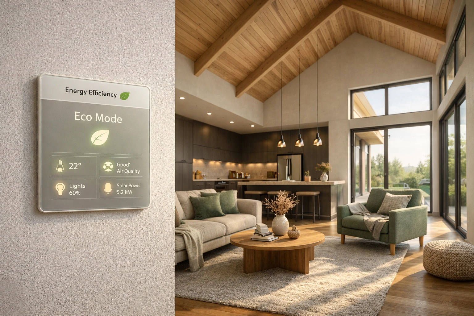 Modern modular home interior with open-plan layout and smart home energy management technology.