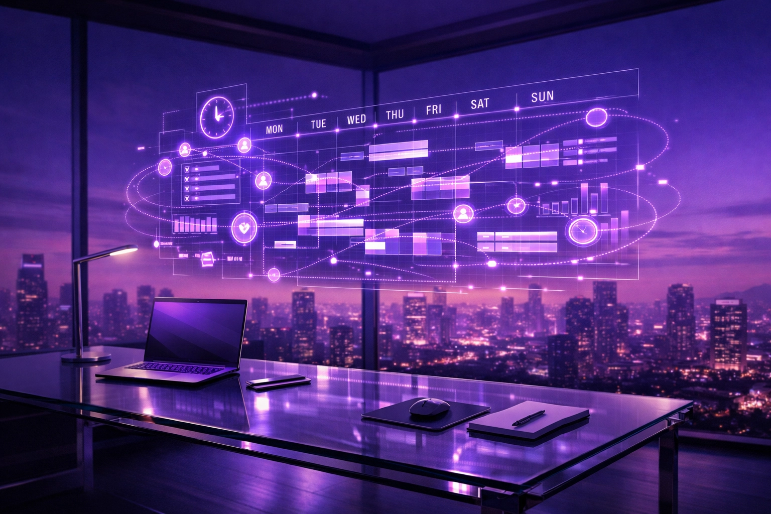 A futuristic digital workspace interface representing an AI administrative assistant's schedule management.