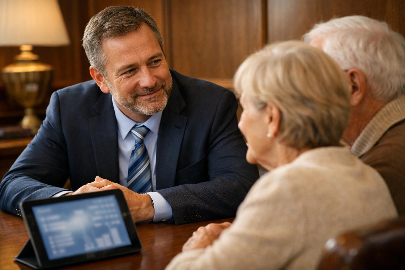 Financial advisor providing personalized service to bank clients by prioritizing connection over tech.